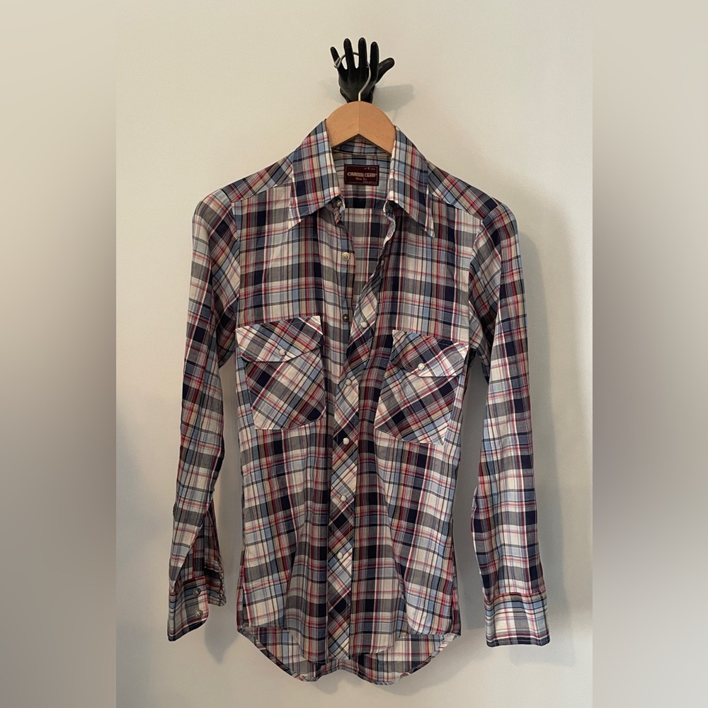 S Vintage Plaid snap shirt.  Slim fit. Thin blue white red beige Grunge 90’s